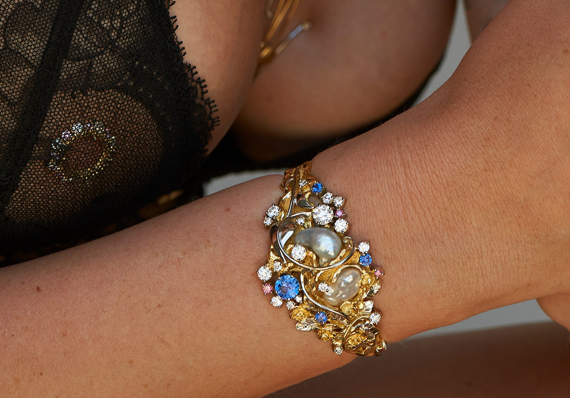 Erotic Jewellery Company-Gold-bangle- Model wearing Paul Amey handmade custom bangle