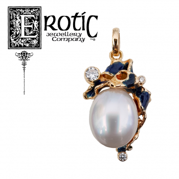 Blue Enamel Pearl Pendant with diamonds