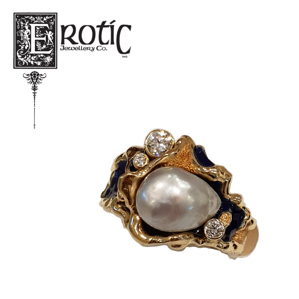 Blue Enamel and Pearl Dress Ring featuring gold band and diamonds