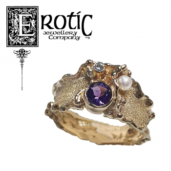 Handmade Paul Amey signature molten edge amethyst, pearl and diamond ring