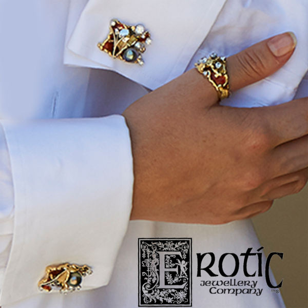 Mirror pair cufflinks in 18ct gold platinum with diamonds pearl and enamel handmade by Paul Amey
