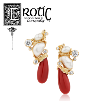 Natural red coral, diamond and keshi pearl stud earrings handmade by Paul Amey