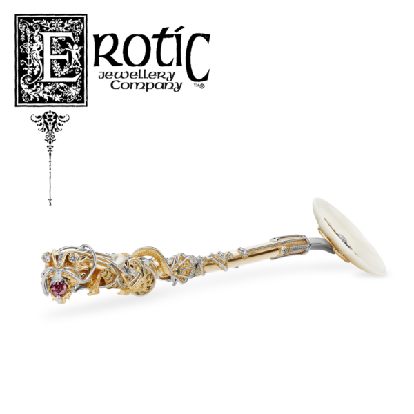 Dragon Caviar Spoon by Paul Amey in gold, platinum with large pink diamond and white diamonds