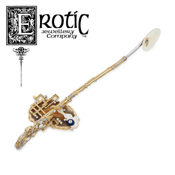Dragon Caviar Spoon by Paul Amey in gold, platinum with large pink diamond and white diamonds