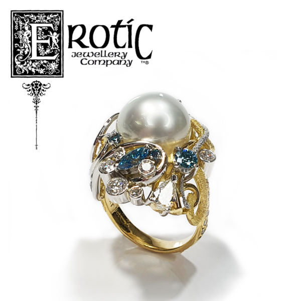 Harmony Ring by Paul Amey with Cygnet Bay Pearl, platinum, white and blue diamonds