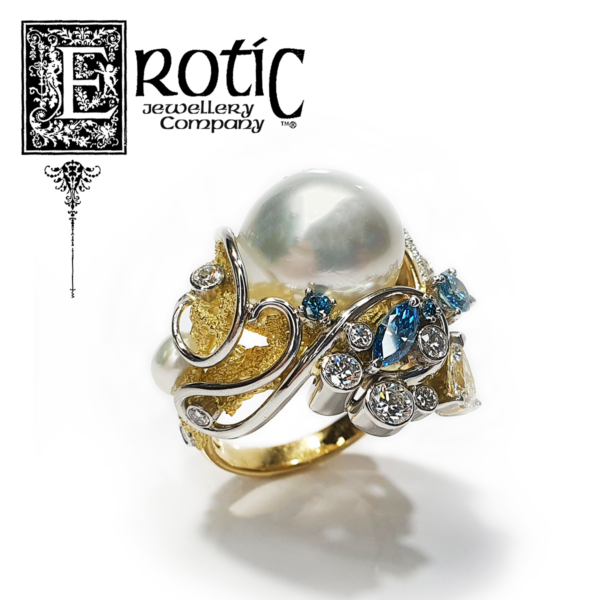 Harmony Ring by Paul Amey with Cygnet Bay Pearl, platinum, white and blue diamonds