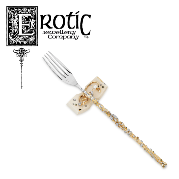 Marquis Fork by Paul Amey in gold, platinum with diamonds and Ebony Tree of Life Rest