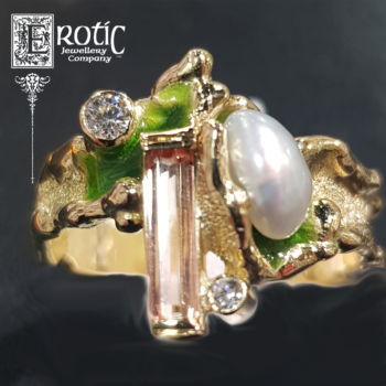 18ct yellow gold molten edge imperial topaz diamond and pearl ring handcrafted by Paul Amey