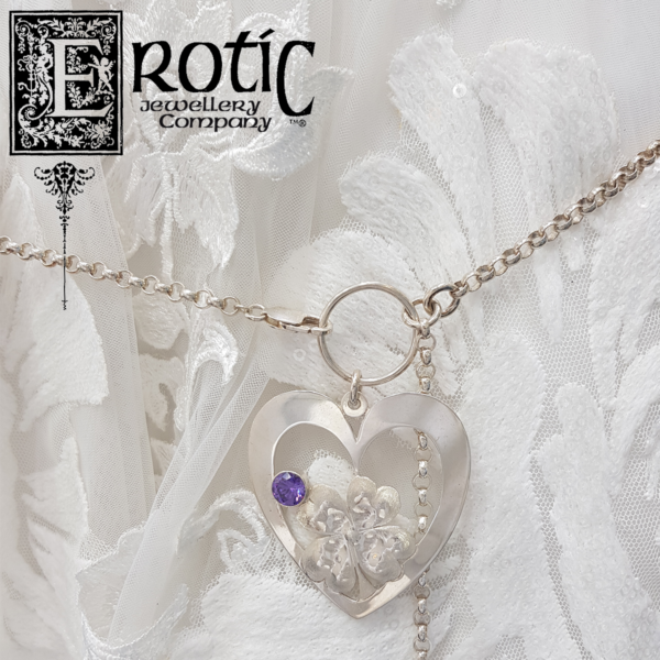 Sterling silver bridal chatelaine-waist chain with hearts and clover handmade by Paul Amey