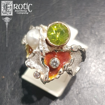 Sterling Silver Ring with Peridot, Diamond and Keshi Pearl handmade by Paul Amey