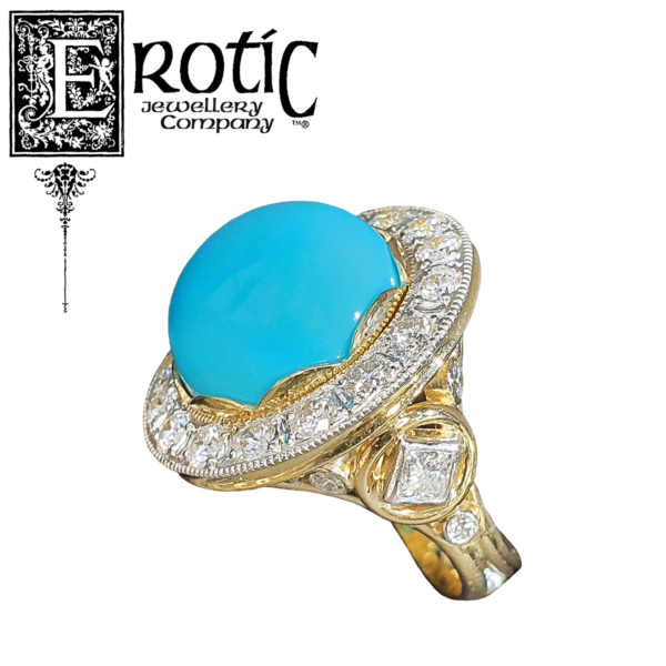 Sleeping Beauty Turquoise and Diamond Ring with gold and platinum band handmade by Paul Amey