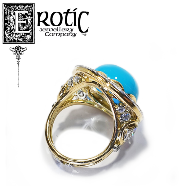 Sleeping Beauty Turquoise and Diamond Ring with gold and platinum band handmade by Paul Amey