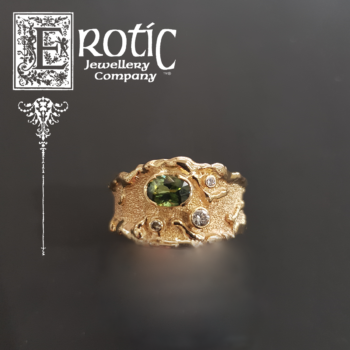 9ct yellow gold and natural green tourmaline molten edge ring handmade by Paul Amey