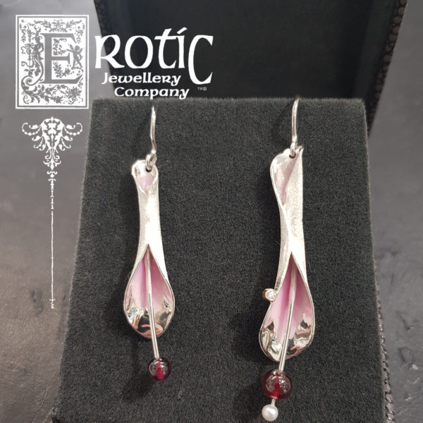 Sterling Silver "Lilly" offset earrings with garnet, pearl and diamond highlighted with pink enamel. Handmade by Paul Amey