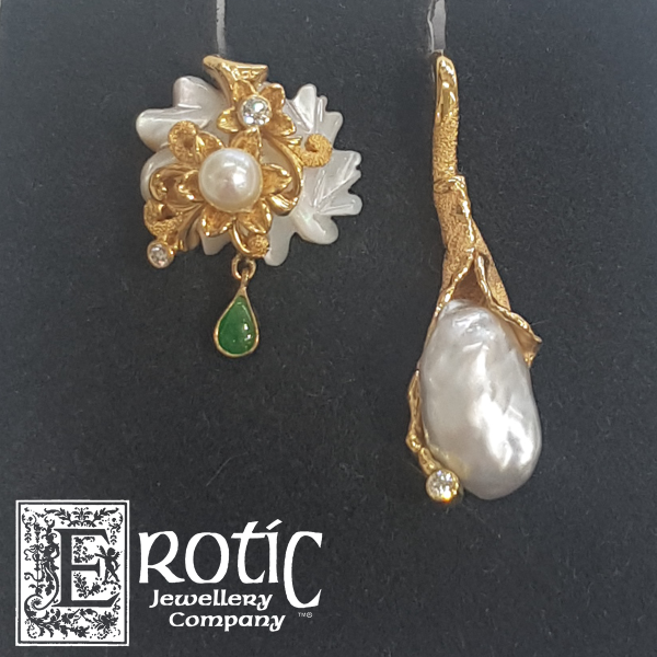18ct gold, pearl, mother of pearl, diamond earrings handmade by Pau Amey.