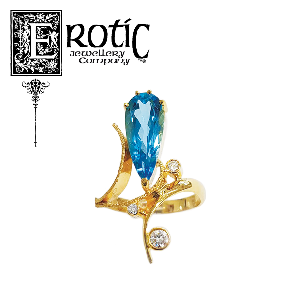 Swiss blue topaz and diamond 9ct yellow gold ring handmade by Paul Amey.