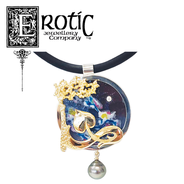 9ct yellow gold and silver "Heart-Tree" with art glass, black pearl and diamond pendant handmade by Paul Amey
