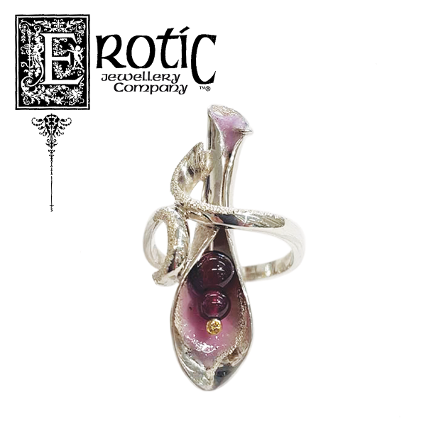 Sterling silver "Lily" ring with yellow diamond, garnet and pink enamel handmade by Paul Amey