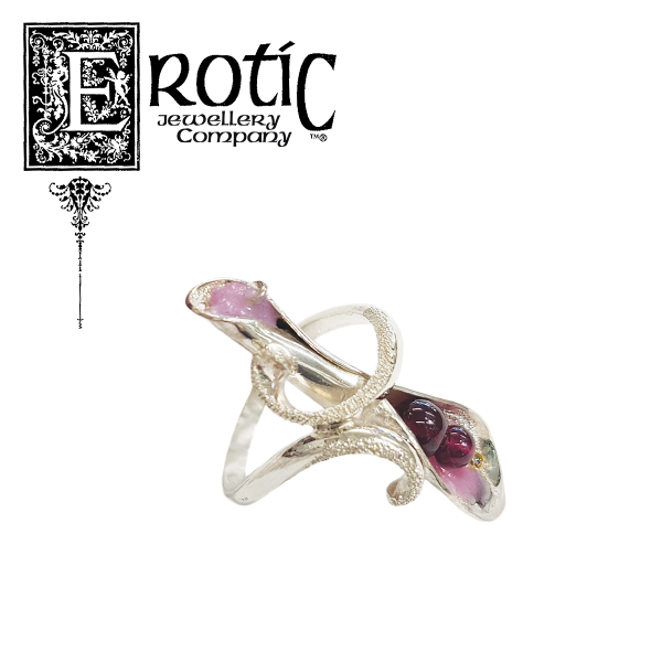 Sterling silver "Lily" ring with yellow diamond, garnet and pink enamel handmade by Paul Amey