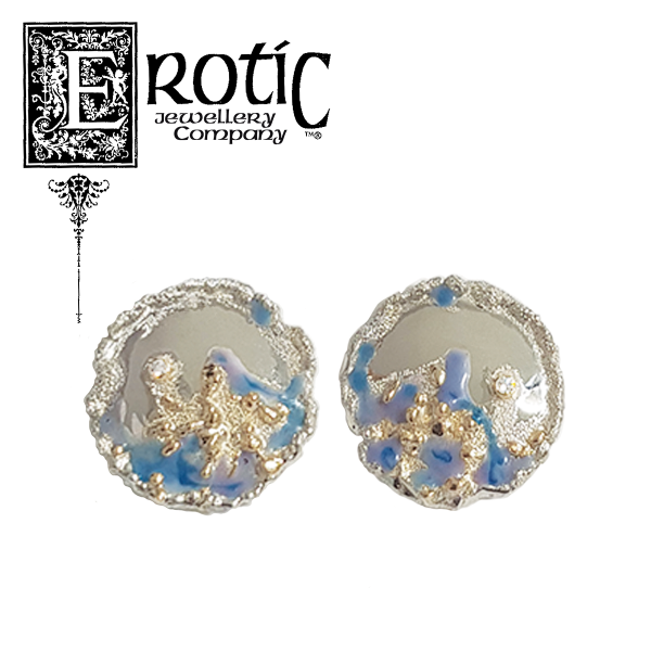 Sterling silver disc earrings with blue-mauve enamel, diamond and gilt. Handmade by Paul Ame