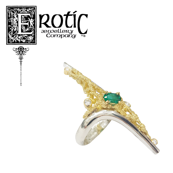 Paul Amey's Emerald Star ring in Sterling Silver, 18ct yellow gold with emeralds and diamonds.