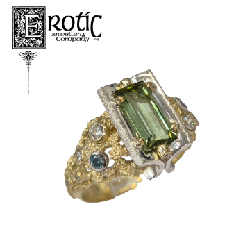 Paul Amey 18ct yellow gold ring with Split Wedge in Sterling Silver with natural green Tourmaline and diamonds.
