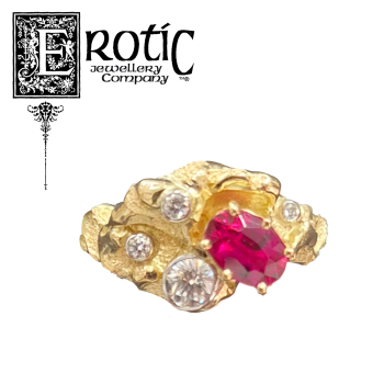 18ct yellow gold ruby and diamond ring handmade by Paul Amey.
