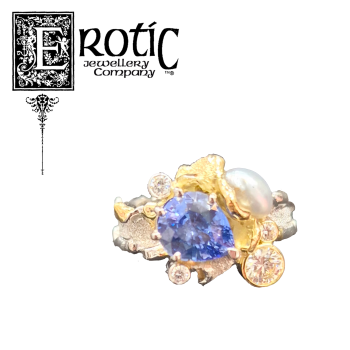 18ct yellow gold, blue Ceylon Sapphire, Keshi pearl and Natural Diamond Ring handmade by Paul Amey.