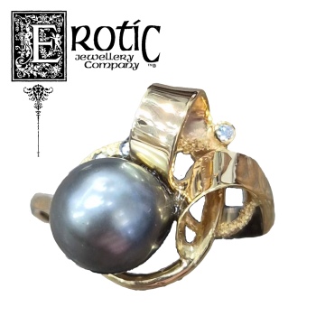 Black South Sea Pearl and Diamond 9ct yellow gold ring. Designed and handmade by Paul Amey.