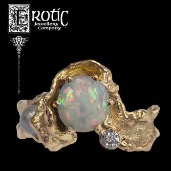 9ct yellow gold molten edge ring with solid white opal, Keshi pearl and natural round white diamond. Designed and handmade by Paul Amey.
